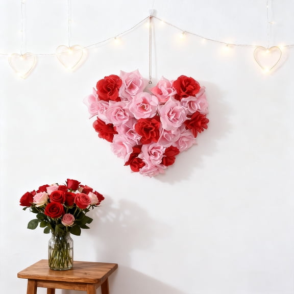 Valentines Decorations Heart-Shaped Wreath, Valentine's Day Hanging Decorations, Valentine Door Decor Artificial Rose Ornaments, Valentines Decor Valentine Heart Wreath