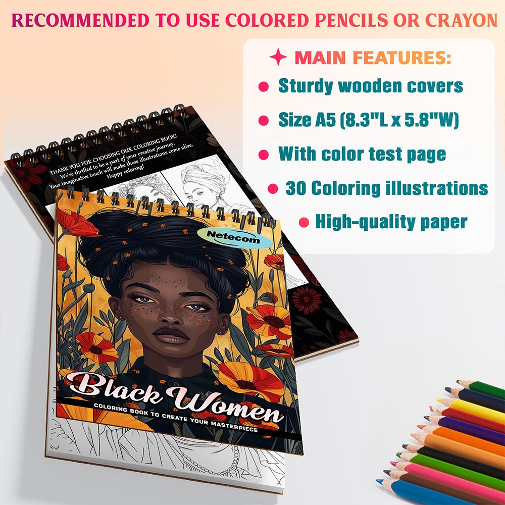 Black Women Coloring Book Spiral Bound For Adults, A5 Wooden Cover, 30 Coloring Pages of Beautiful Black Women, Natural Hairstyles, Afrocentric Fashion for Stress Relief and Relaxation