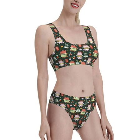 Uemuo Dragon With Hohoho Printed Women s High Waisted Bikini Sets Sporty Two Piece Swimsuits Color Block Cheeky High Cut Bathing Suits-XX-Large
