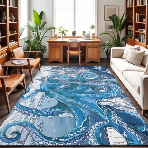 Large Area Rugs 5'x8', Ocean Blue Octopus Carpet Runner Indoor Outdoor Rugs Home Decor Aesthetic, Nautical Castle Coastal Lighthouse Non Slip Mats Washable Accent Rug for Living Room Bedroom