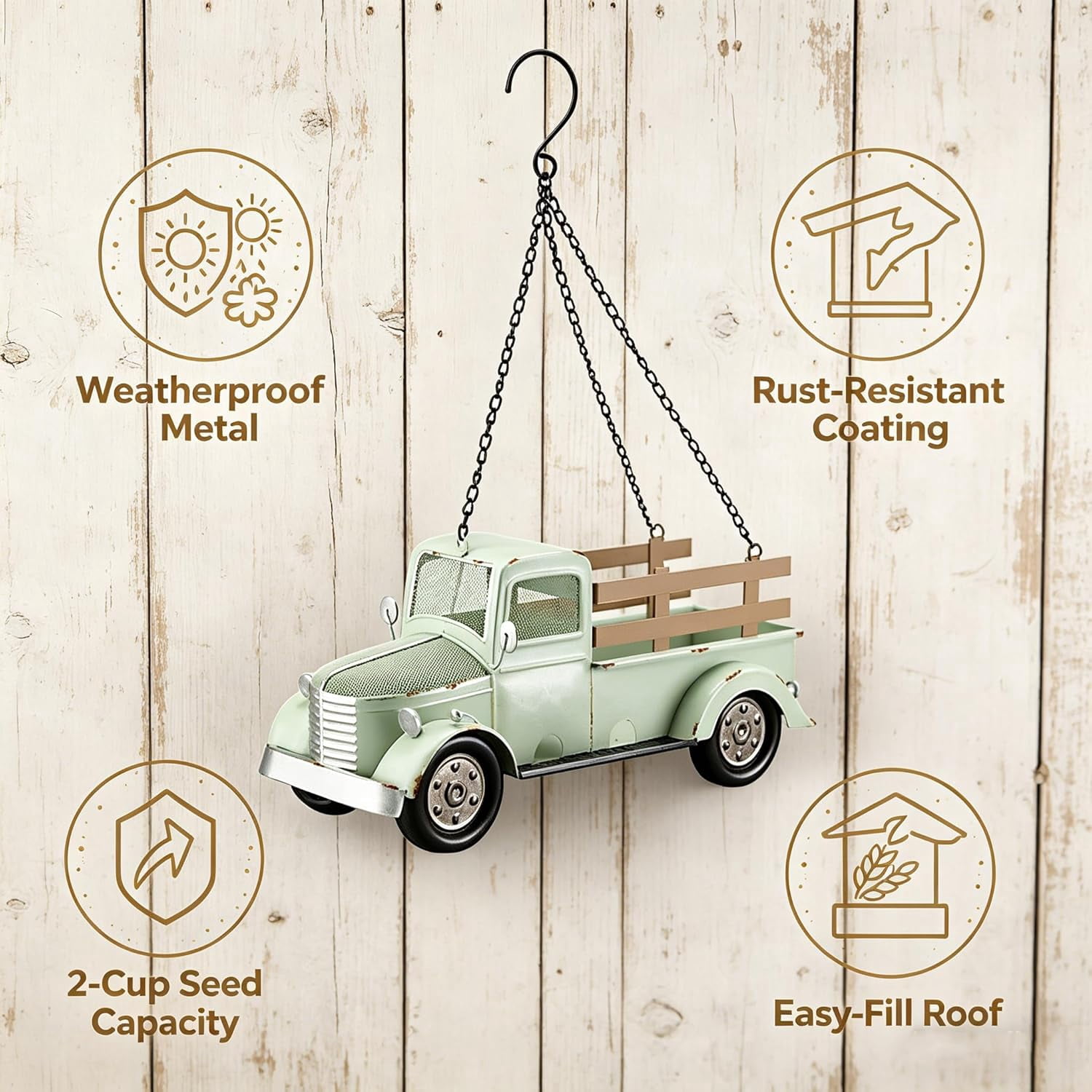 Vintage Truck Bird Feeder, Retro Pickup Rustic Farmhouse Decor for Outside, Hanging Wild Bird Seed Feeder for Garden Patio Backyard, Weather Resistant Metal, Unique Gift for Bird Lovers