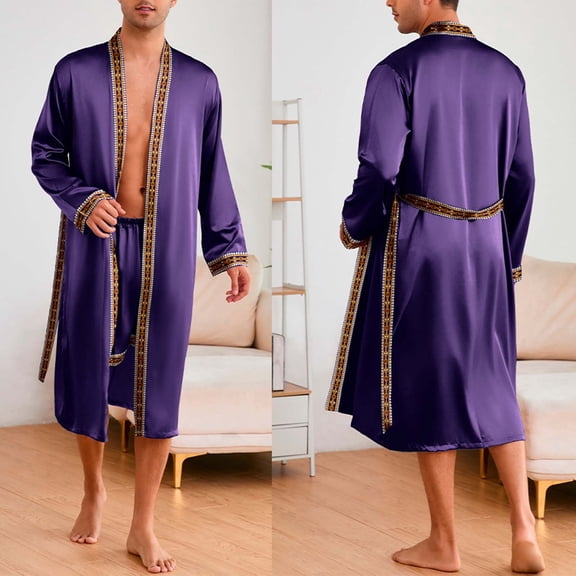 RYDCOT Mens Satin Robe Silky Bathrobe with Shorts Lightweight Sleepwear Luxurious Pyjama Set Nightgown with Shorts Purple