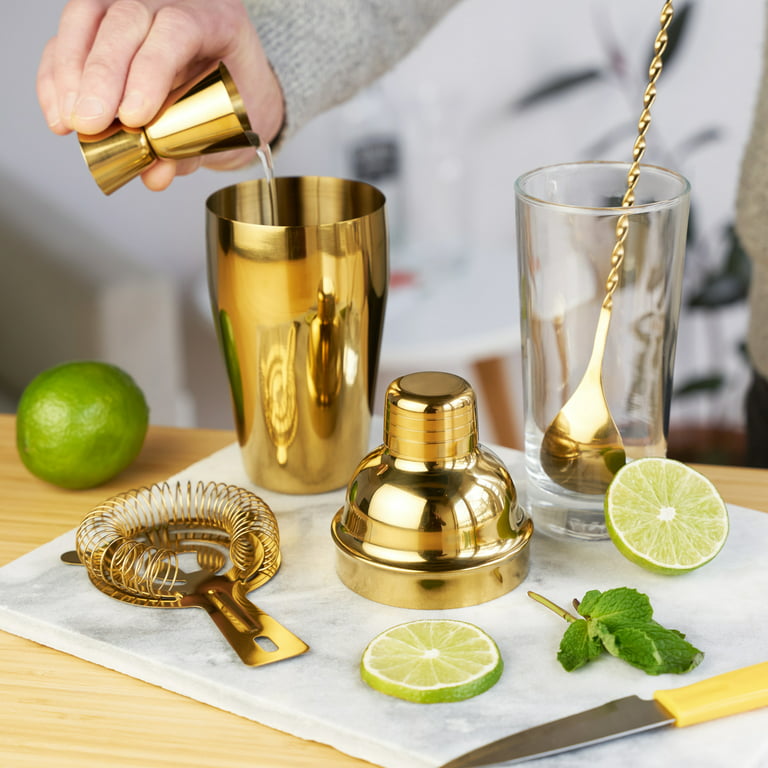 True 4 Piece Gold Stainless Steel Barware Set - Cocktail Shaker &  Accessories