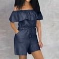 thumbnail image 2 of AGWOLF Denim Jumpsuits for Women Plus Size Off the Shoulder Ruffle Rompers Summer Strapless Short Jumpsuit with Pockets Blue XXXL, 2 of 7