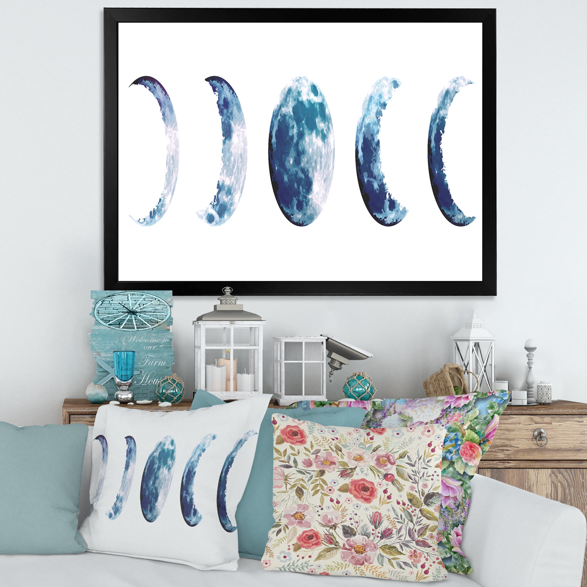 Designart 'Magic Blue Moon Phases On White' Bohemian & Eclectic Framed Art Print