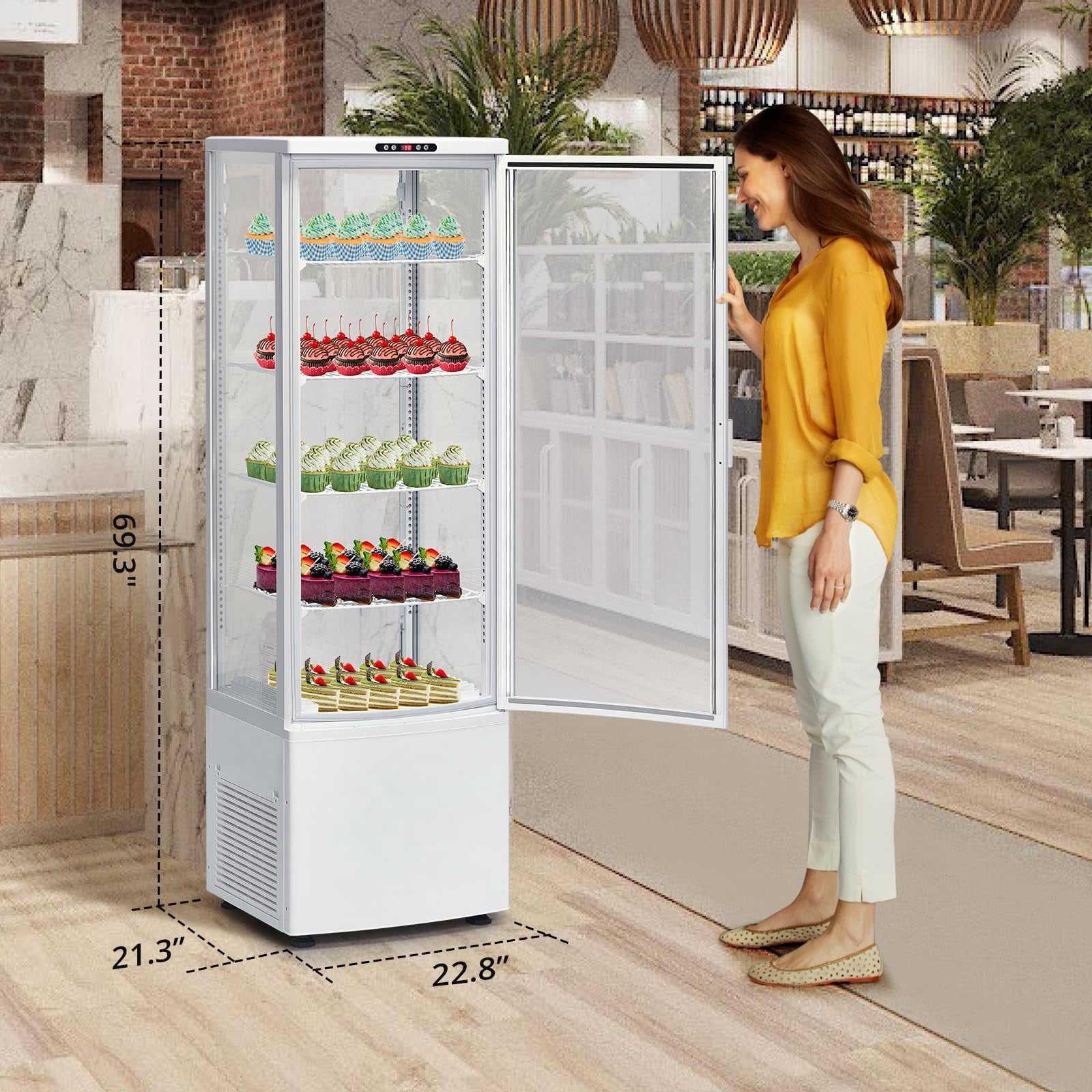 Commercial Cake Display Refrigerator, 8.4 Cu.FT Single-Door Merchandiser with Universal wheel, Interior LED Lighting, Double-Layered Glass, 110v