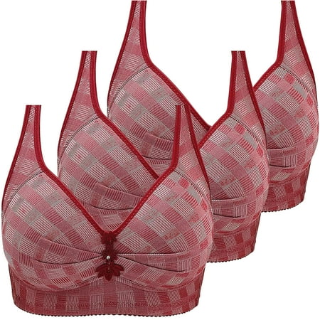 WREESH 3 Pack Push-Up Bra Adaptive Bra Women No Underwire Bras Printed Gathered Middle Button Breathable Underwear Daily Bra Underwear Wine