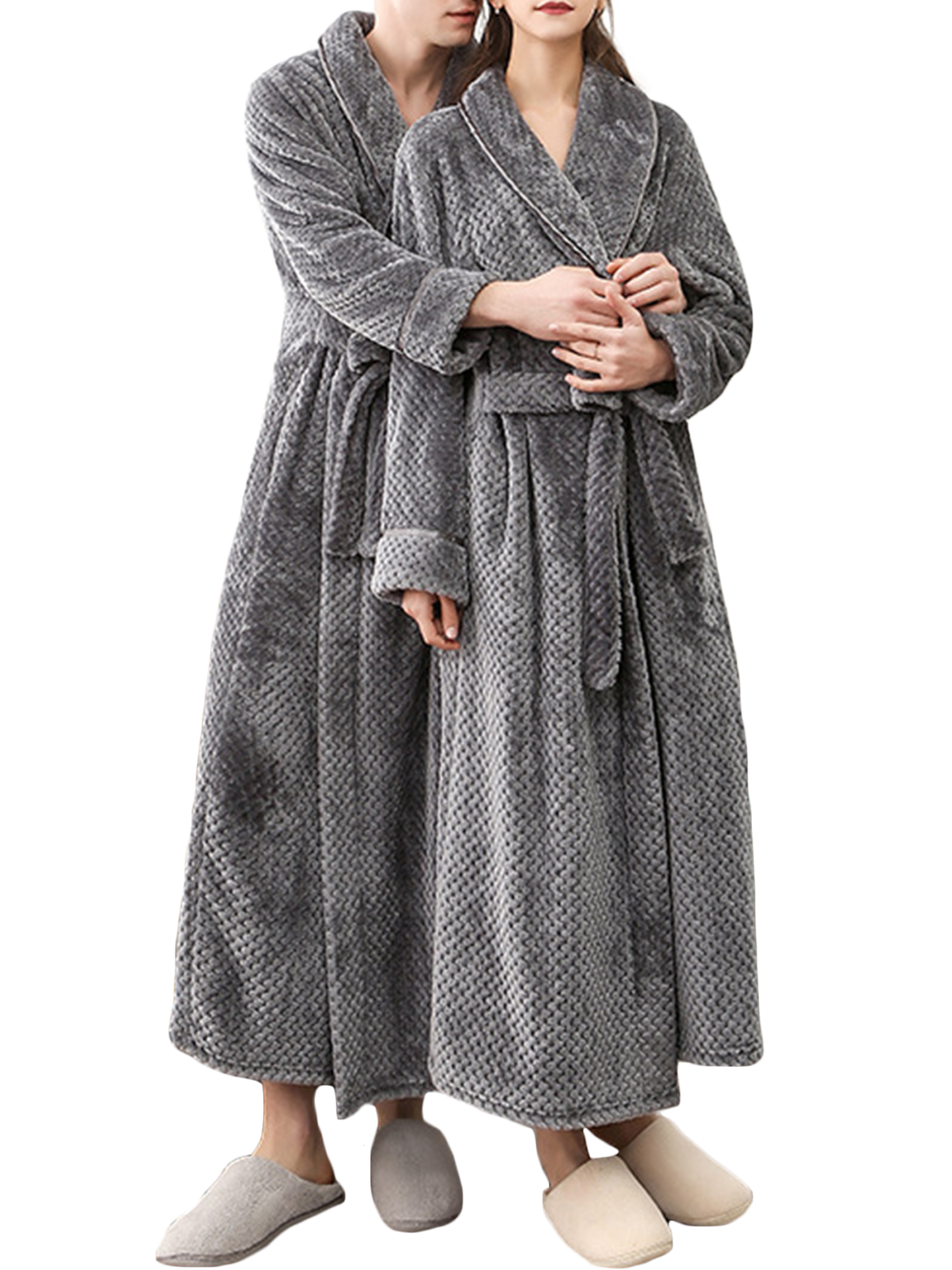 Mens Super Ultra-Soft Bathrobe Spa Robe Fleece Hooded Shawl Collar Robe Grey XL