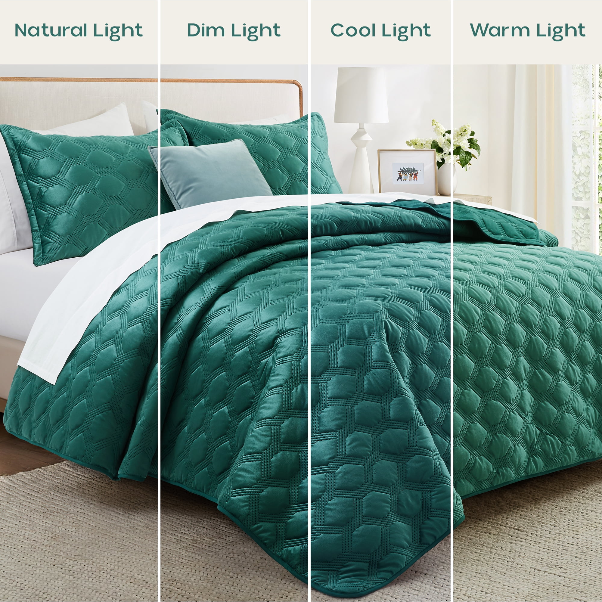 Ameha Velvet Quilt Set 3 Piece Geometric Ultrasonic Embossed Bedspread Reversible 350GSM Soft Microfiber Bedding Emerald Green Full/Queen