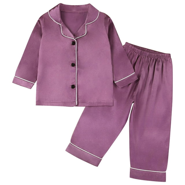 Odeerbi 1-8 Años Niños Niñas Pijama de Satén Con Solapa Entallada Camisa de Manga Larga Conjunto de Pantalones Suave Ropa de Dormir de Dos Piezas Pijama de Dos Piezas