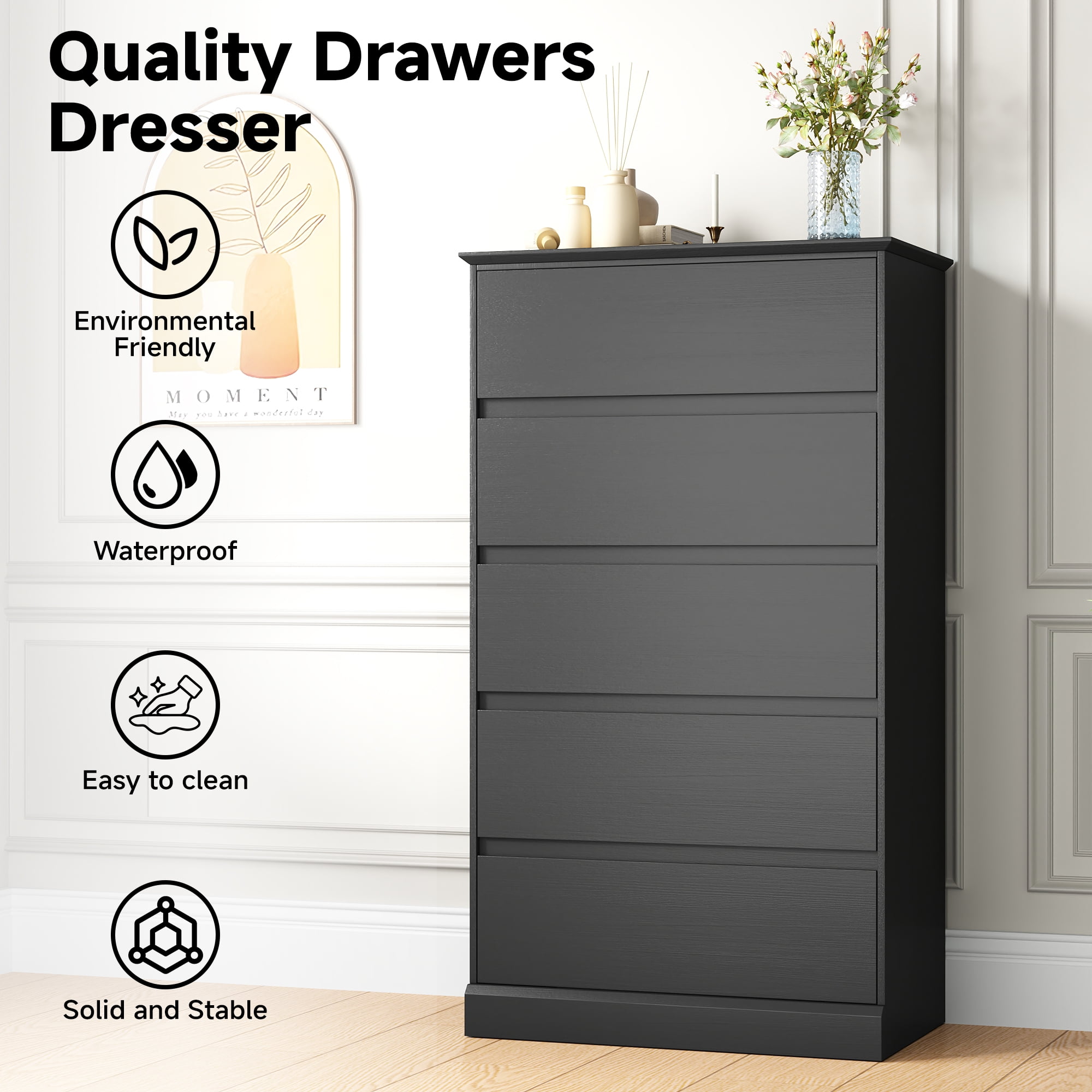 5 Drawer Dresser for Bedroom, 15.8" D x 27.6" W x 48.4" H in Simply Modern Chest of Drawers, Wood Storage Dresser with Deep Drawers for Living Room Hallway Entryway, Black