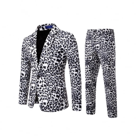 CONZONE Carnival Mens 2 Peice Suit Set Casual Dress Suit for Men One Button Long Sleeve Leopard Blazer Pants Elegant Slim Fit Party Wedding Business Set