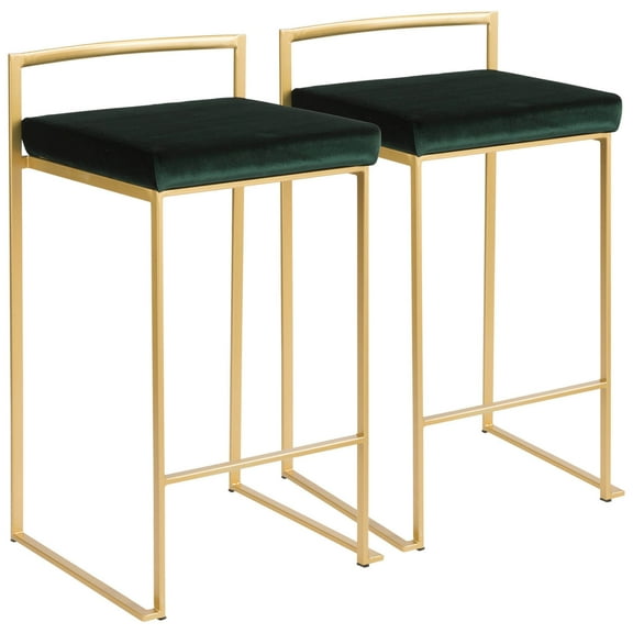 Fuji Contemporary-Glam Stackable Counter Stool In Gold With Green Velvet Cushion - Set Of 2
