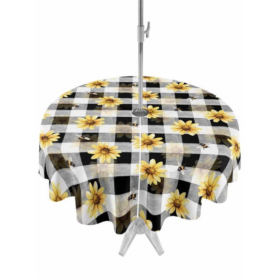Outdoor Tablecloth with Umbrella Hole for Patio/Picnic/Party/Camping, Yellow Flowers Checkered Waterproof Table Cloth Round Cover Washable, Black Plaid Farmhouse Art Floral (Dia 54")
