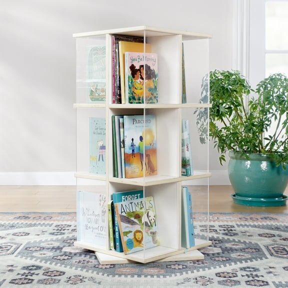 Guidecraft EdQ Rotating 3 Tier Book Display - White: Round Wooden Spinning Bookshelf Storage with Acrylic Shelves for Kids' Books