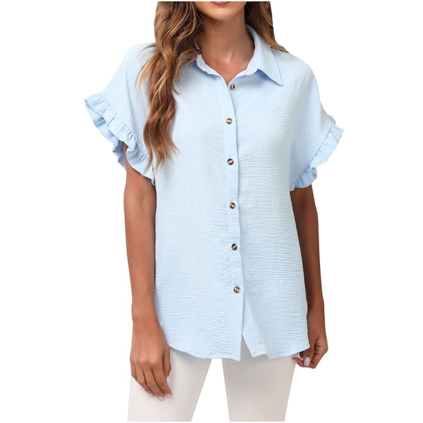 Moda mujer verano manga corta redondo pulóver sólido Casual blusa Tops Fridja ghk3585