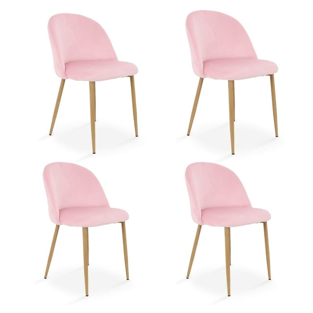 Sillas de Comedor de Terciopelo con Patas de Acero Acabado Tipo Madera Estilo Moderno - Sillas de Comedor Tapizadas Minimalista con Relleno Suave Set 4 Piezas Rosa