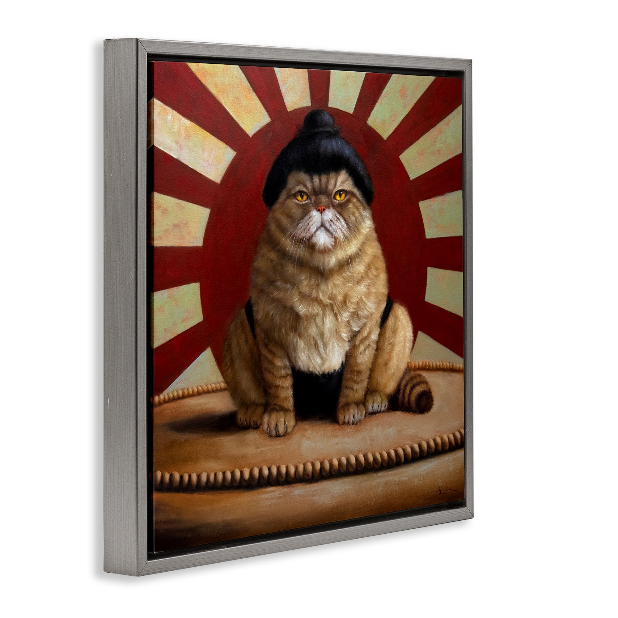 Stupell Industries Sumo Cat with Sun Rays Gray Framed Floater Canvas Wall Art, design by Lucia Heffernan
