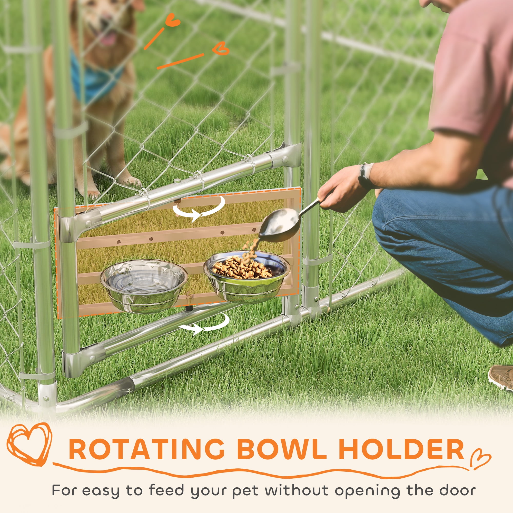 PawHut Large Outdoor Dog Kennel, Chain Link Dog Kennel Outside with Weather Resistant Cover, Rotating Bowls Door, for M&L Dogs, 13.1' x 7.5' x 7.5'
