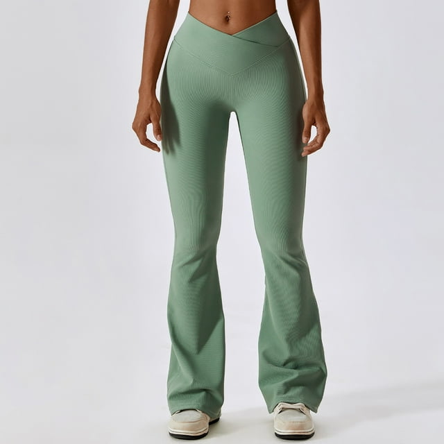 Pantalones de Yoga con cintura cruzada para mujer, mallas acampanadas de pierna ancha elásticas de algodón para entrenamiento físico, mallas deportivas para gimnasio