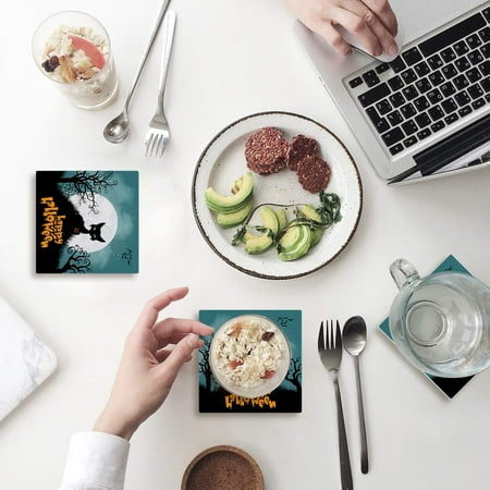 

FMSHPON Happy Halloween Black Cat Set of 4 Coaster for Drinks Absorbent Ceramic Stone Coasters Cup Mat with Cork Base for Home Kitchen Room Coffee Table Bar Decor