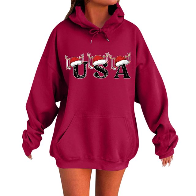 WILLBEST Sudadera de Mujer, Estilo Casual de Invierno, con Estampado Navideño Del Alfabeto, Bolsillo con Cordón Ajustable y Manga Larga XX-Grande
