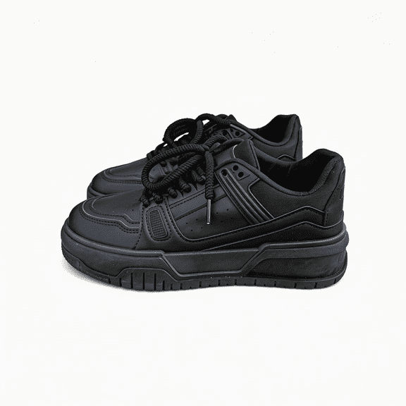 All Black Chunky Platform Sneakers for Men Women, Non-Slip Leather Casual Shoes, Fashion Low-Top Skate Shoes with Thick Sole, Comfortable Walking Shoes for Daily Wear, Work, Outdoor Activities