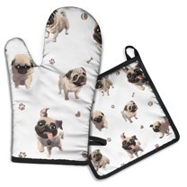Pug and Footprint Kitchen Oven Mitt and Pot Holder Sets 2 Pcs for Baking, Cooking and Grilling, Heat Resistant Up To 392 °F