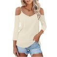thumbnail image 2 of LEBONYARD Womens Long Sleeve Shirts,Blouses for Women 2024 Women Solid 3/4 Sleeve V-Neck Pullover Strapless Tops Shirts Blouse Beige XXL, 2 of 7