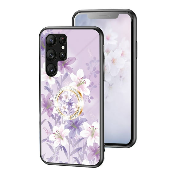 Case for Samsung Galaxy S25 Ultra, Tempered Glass Back TPU Frame, Floral Pattern Diamond Ring Stand Ultra Slim Lightweight Anti-Scratch Back Case Drop Protective Support Magnetic Car Mount - Purple