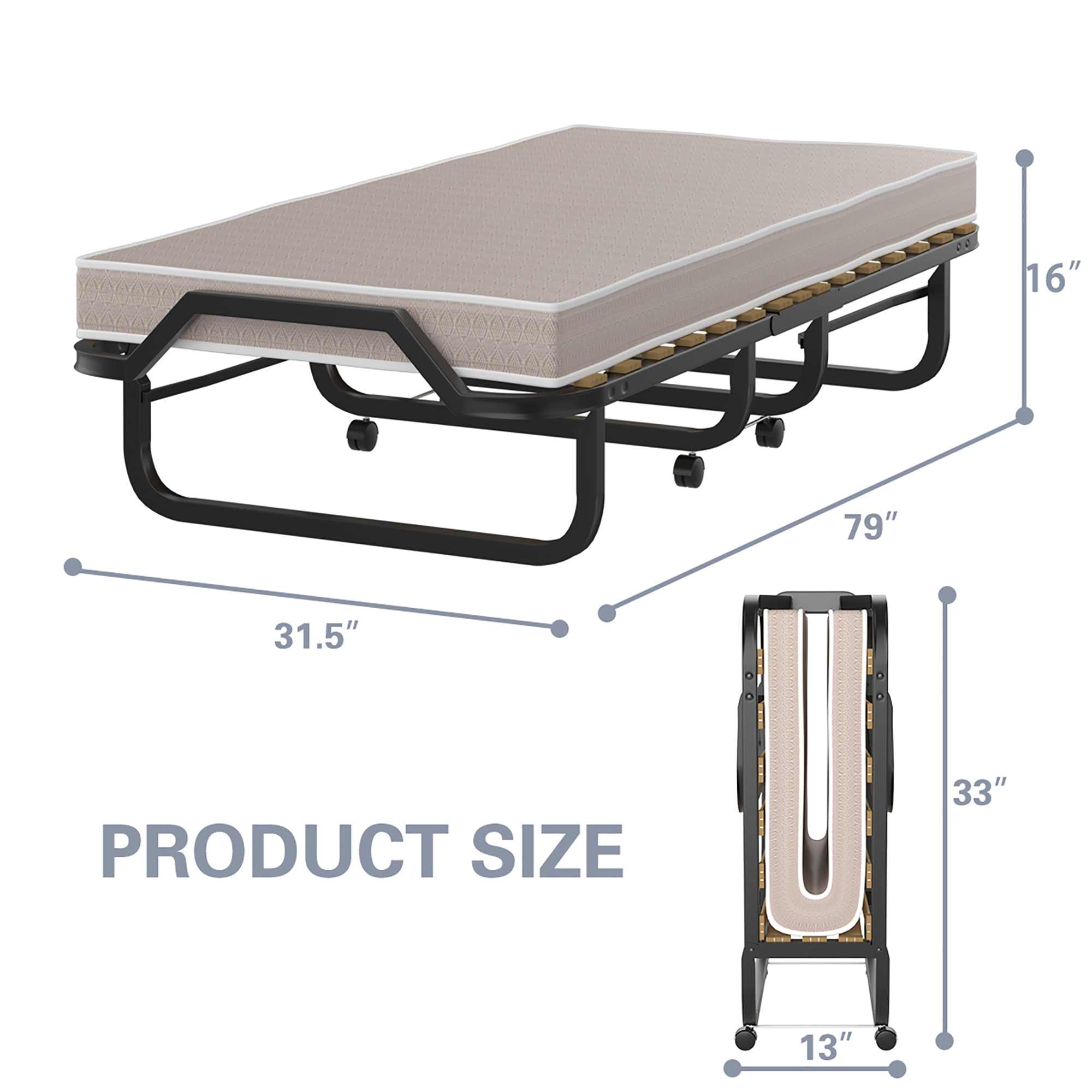 Costway Folding Bed Rollaway Guest Bed w/ Memory Foam Sturdy Metal Frame & Foam Mattress, Made in Italy (Product Dimensions: 79L x 31.5W x 16 H inch) - image 2 of 7