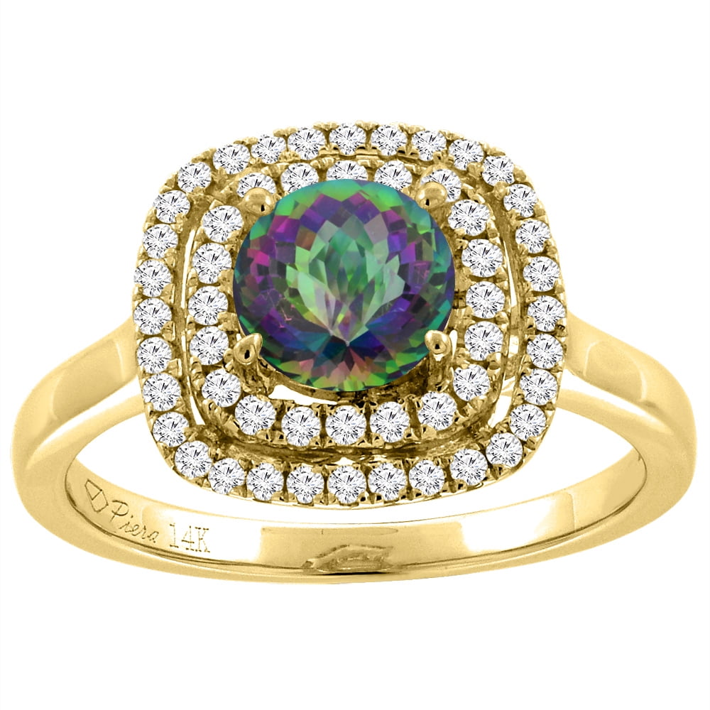 14K Yellow Gold Natural Mystic Topaz Double Halo Diamond Engagement Ring Round 7 mm, size 6 by Gabriella Gold