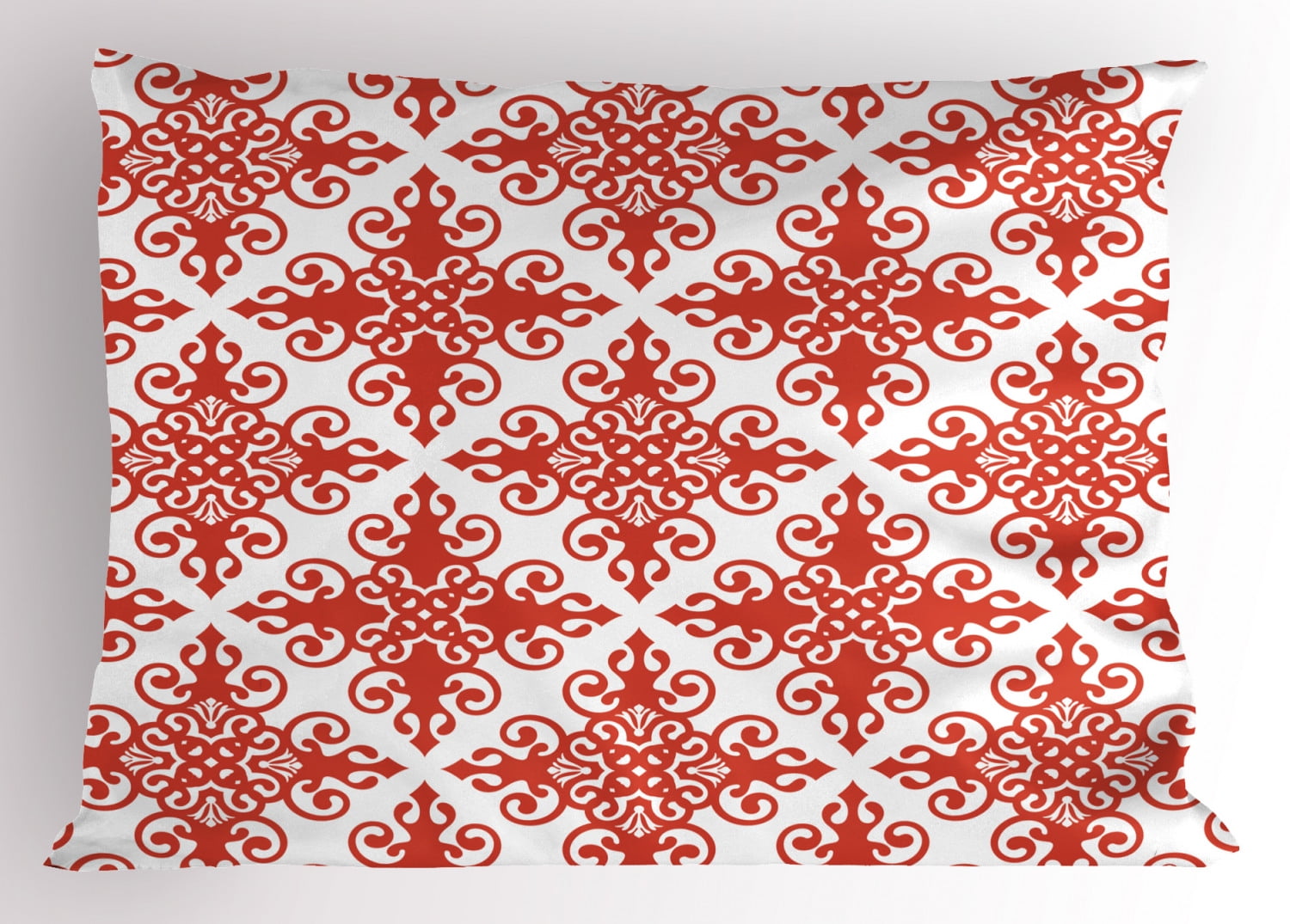 Red Pillow Sham Western Style Floral Scroll Motif Swirled Lines Antique