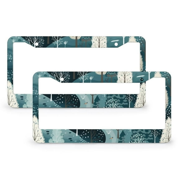 2 Pack Snowy Forest License Plate Frames Pine Tree Snowy Standard Car Tag Cover Holder Aluminum 2 Holes for US Standard Vehicles for Women Men