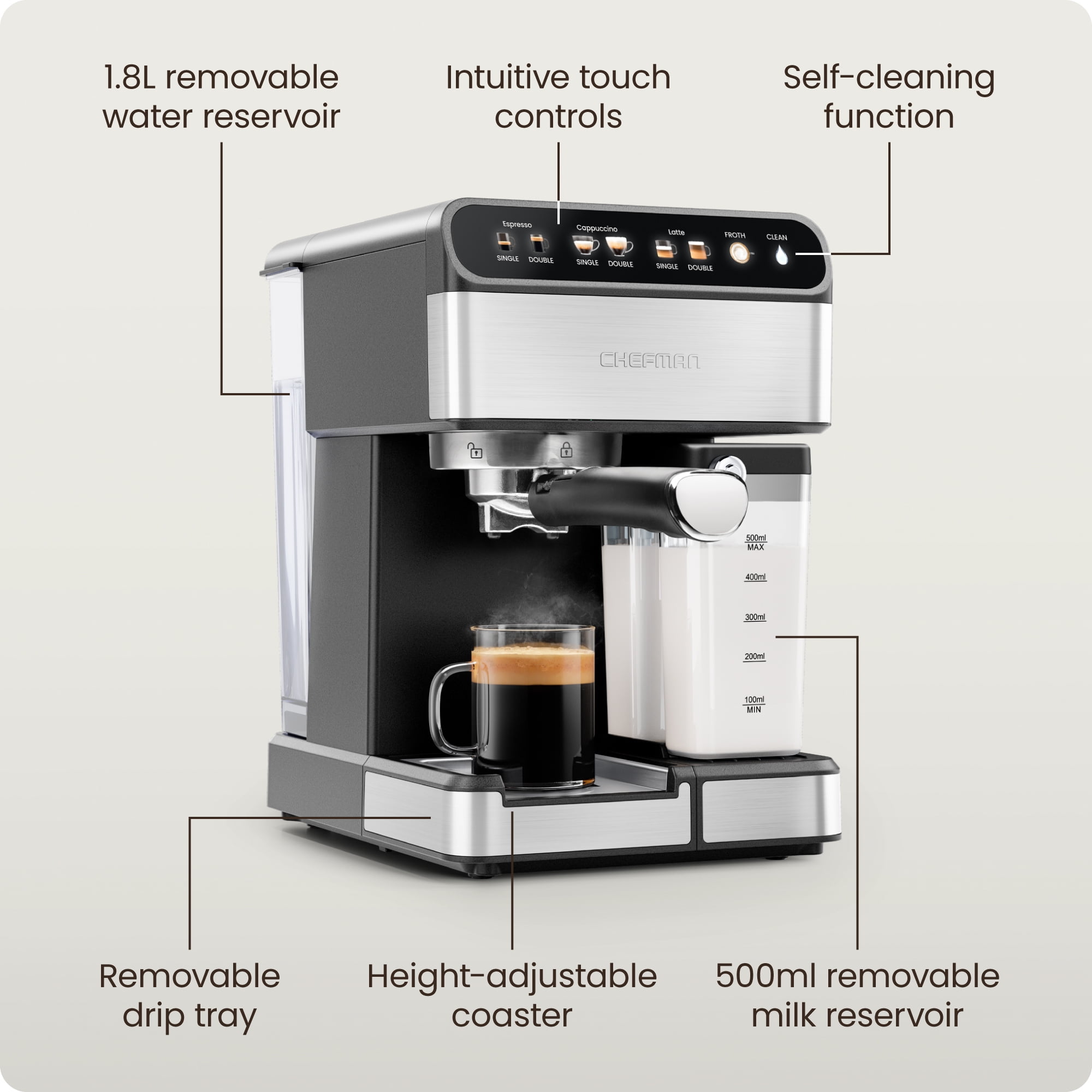 Chefman CaféMaster Pro Espresso Machine w/ Milk Frother for Cappuccinos & Lattes – Stainless Steel