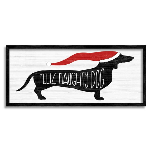 Funny Feliz Naughty Dog Dachshund Holiday Graphic Art Black Framed Art Print Wall Art