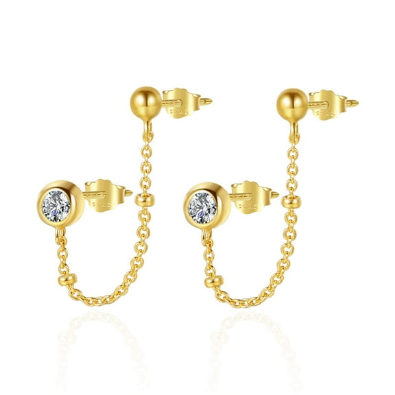 CHIC & ARTSY Chain Stud Earrings 18k Gold Plated 925 Sterling Silver CZ Tiny Ball Earrings Double Piercing Chain Earring for Women