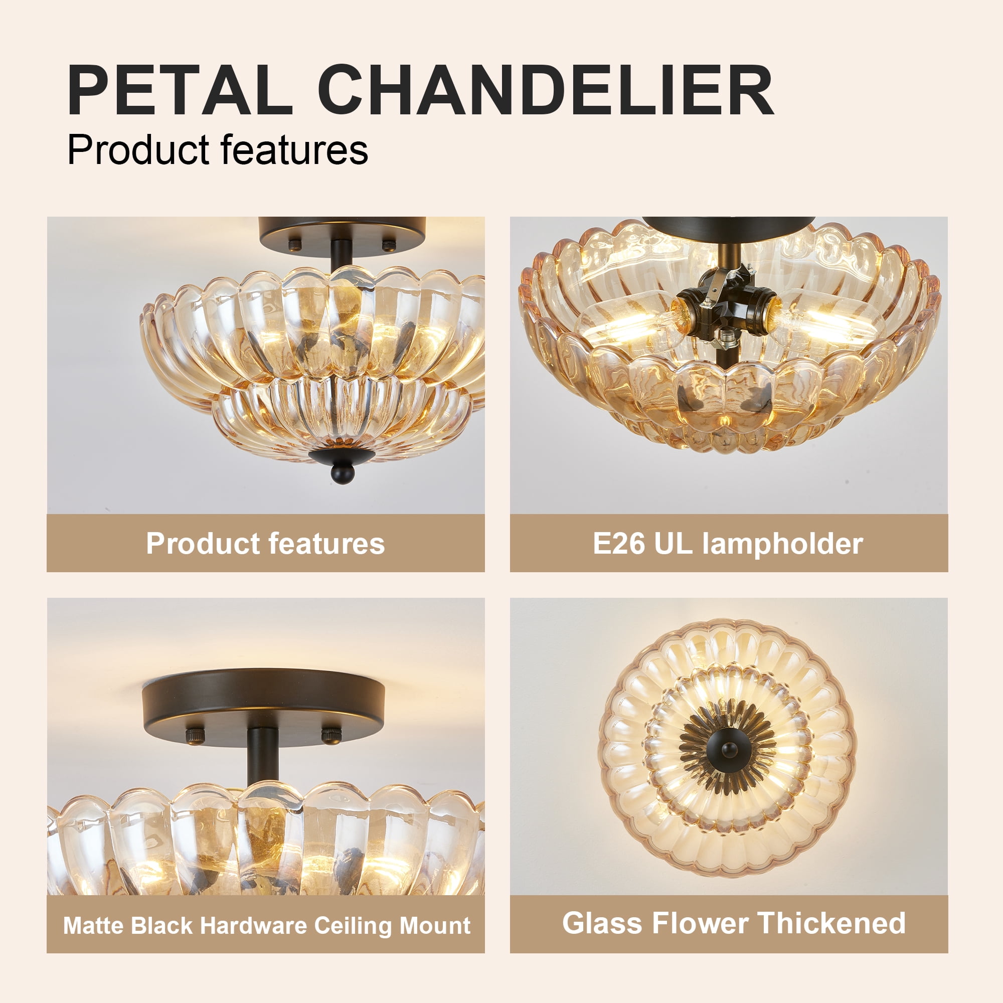 Leumius Semi Flush Mount Ceiling Light, 3-Light Close to Ceiling Light Fixtures with Flower Glass, Vintage Ceiling Lights for Hallway Living Room Kitchen Bedroom Bathroom, Amber+Black
