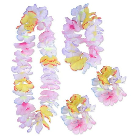 Paradise Floral Lei Set, White with Multicolor - Pack of 6