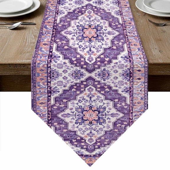 Purple Boho Table Runner Linen Burlap Table Runner 108 Inches Long Ethnic Geometric Middle Century Art Dresser Scarves for Kitchen Island Coffee Dining Party Wedding Banquet Holiday Decor 13"x108"