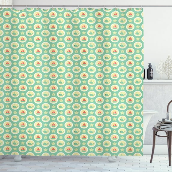 Sailboat Shower Curtain, Maritime Concept Water Spraying Baby Whales and Slope Icons in Bubbles, Fabric Bathroom Set with Hooks, 69W X 84L Inches Extra Long, Mint Green and Cream, by Ambesonne