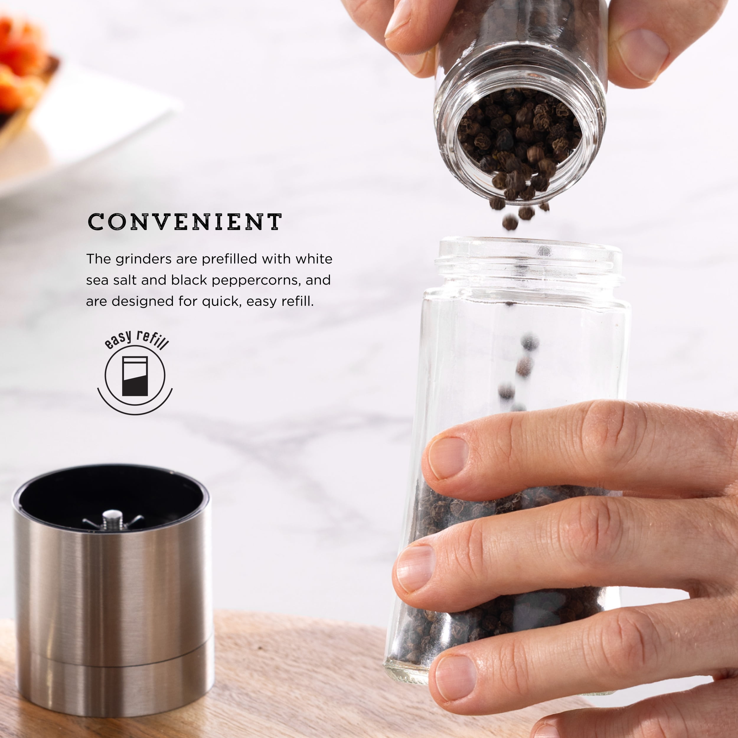 (4 pack) Kamenstein Elite Prefilled Salt and Pepper Grinder Set with Adjustable Grinder