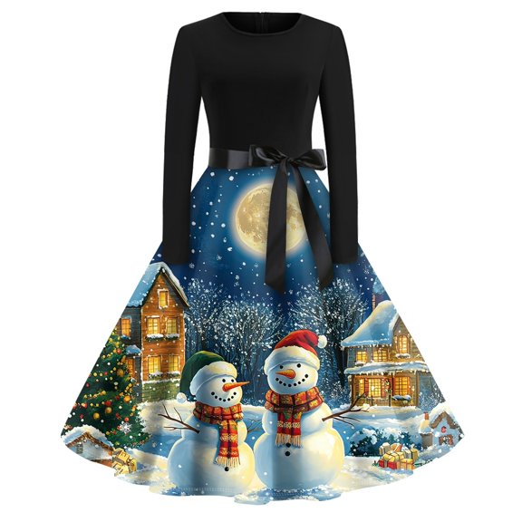 Women's Christmas Flare Dress Long Sleeve Round Neck Retro Party Casual Dress with Snowflake, Christmas Tree, Snowman Print, Hollow Out Design for Holiday, Merry Christmas,Blue,L