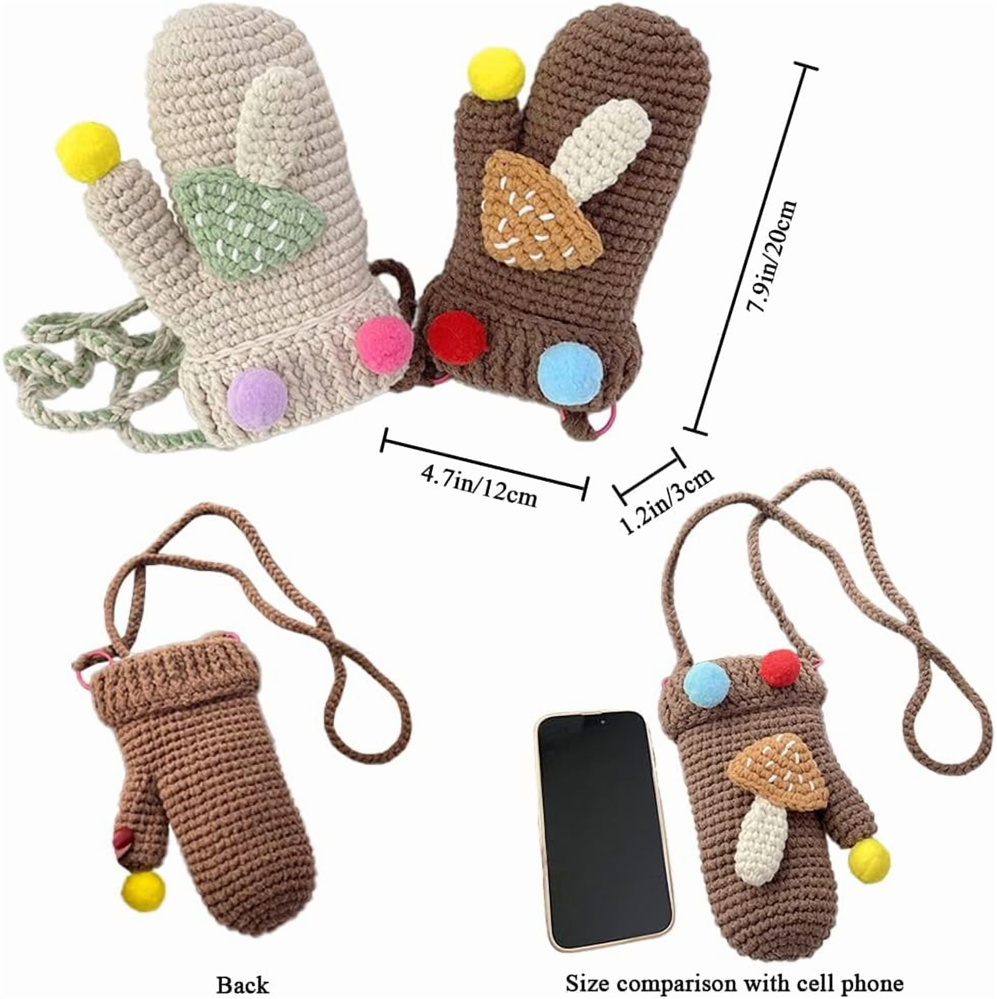 JennyShop Women Knitted Glove Shaped Crossbody Bag Pretty Shoulder Bag Crochet Cell Phone Bag with Mushroom Decoration