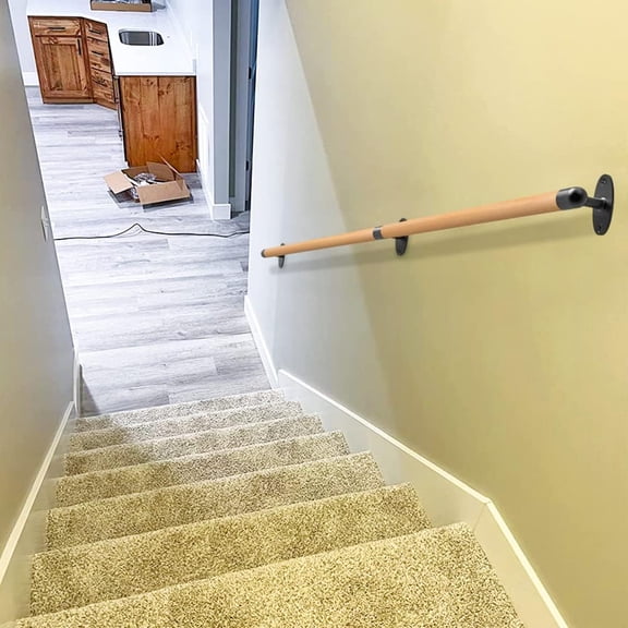 52 Inch Wood Handrail Indoor Stairs Handrail Wall Mount Handrail w/Sturdy Metal Barckets, Barrier-Free Staircase Grab Bar for Elderly, 1.3 Inch Round