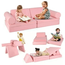 Gymax 8 Pcs Kids Play Couch Convertible Sectional Floor Sofa w/Removable Suede Cover