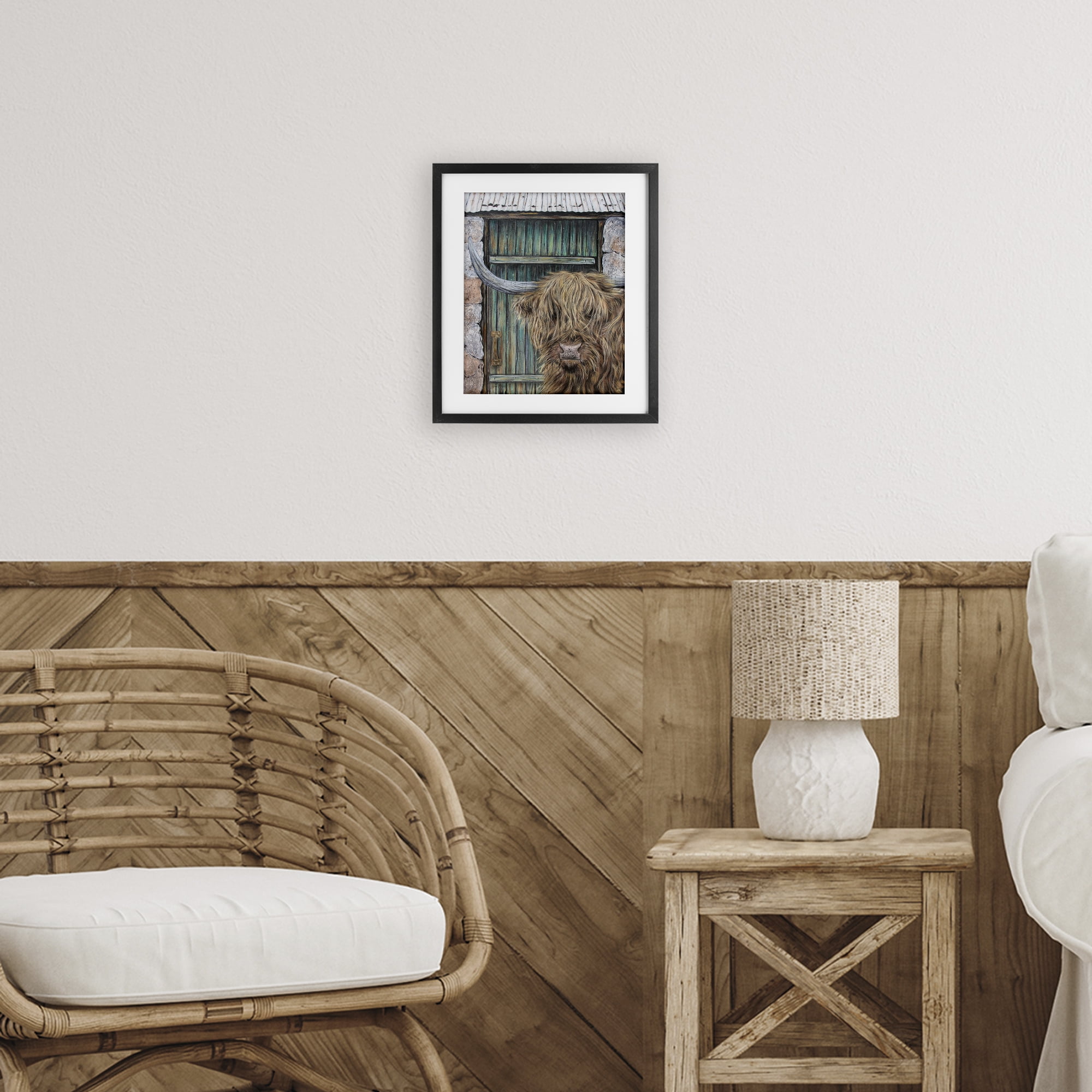 Highland Cow by Barn Door Black Framed Print Under Glass, design by Jean Plout