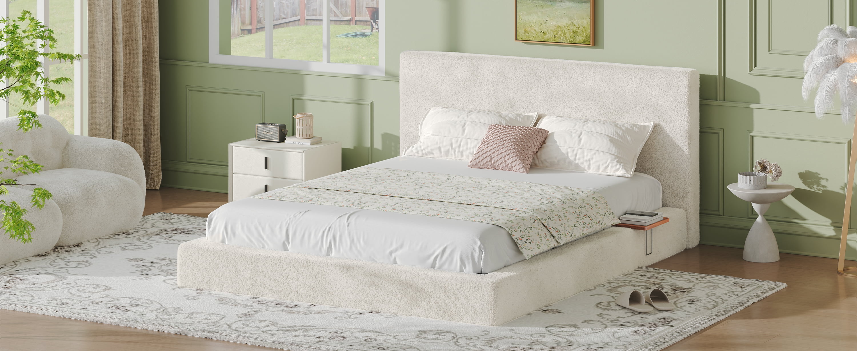 Queen Size Cloud Bed Frame with Headboard Shelves and Low-Profile Design