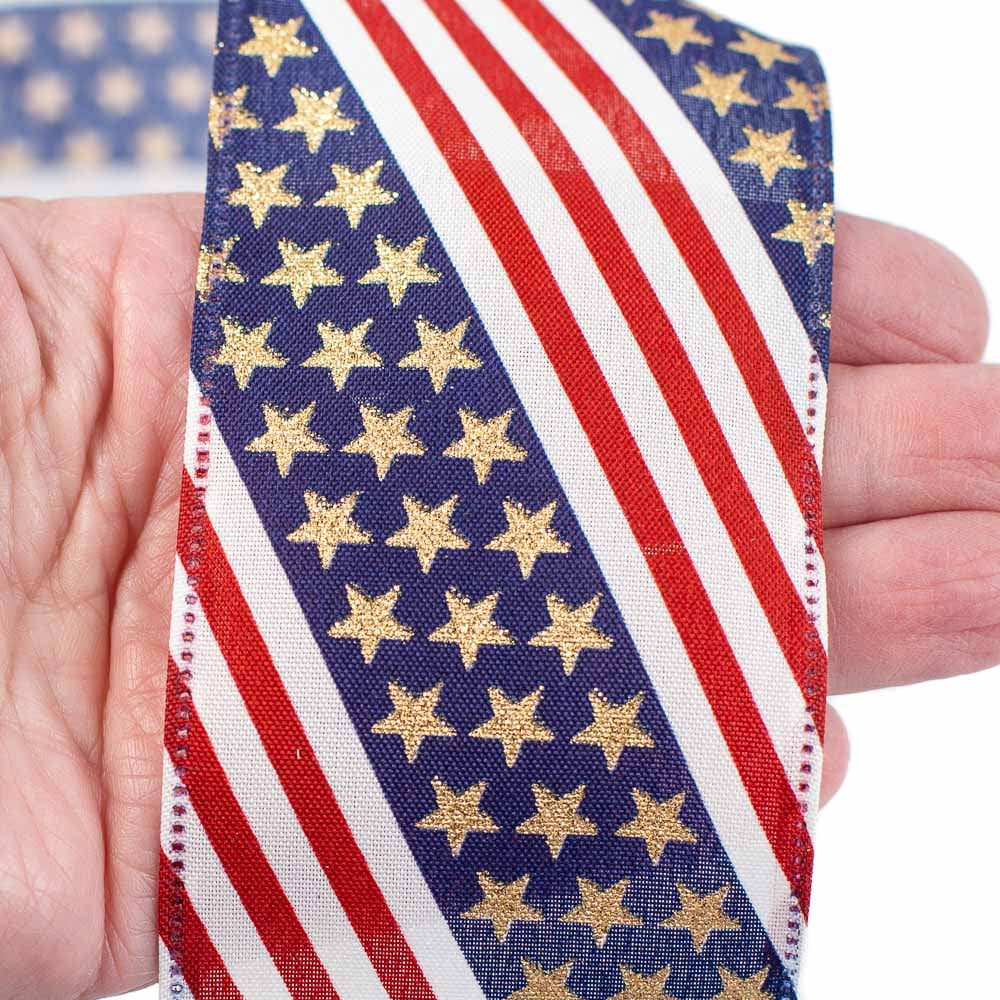 Red, White and Blue Glitter Stars and Stripes Wired Edge Ribbon