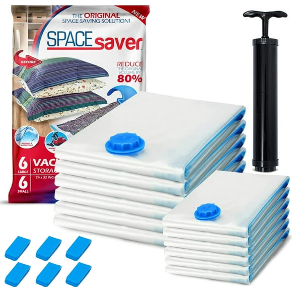 Spacesaver Vacuum Bags For Travel - 6 Small & 6 Large Space Saver Vacuum Storage Bags - Airtight Double-Zip Seal - Plastic - Fits 4 Pillows Or 1 Queen Bedding Set Per Bag - Clear - Hand Pump Included